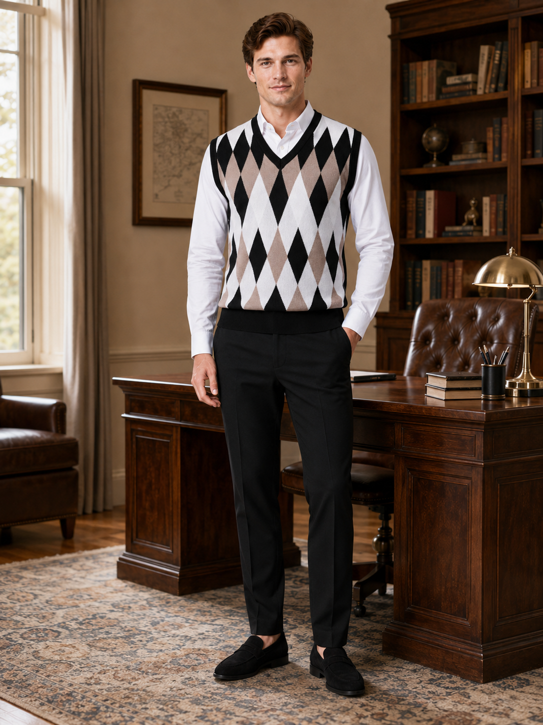 Men's argyle sweater vest – Black lifestyle view – Edward & Lawsen