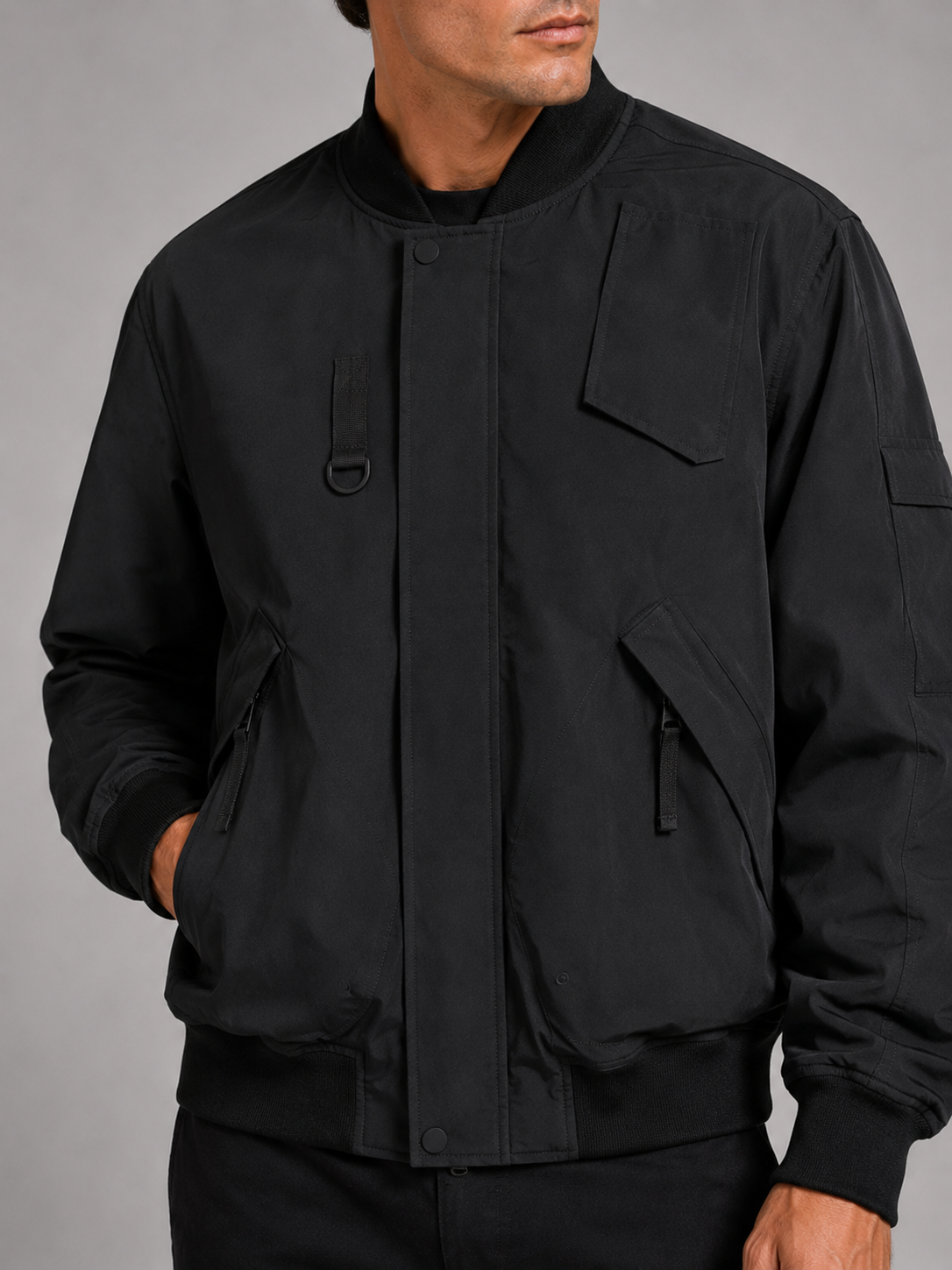 Men's loose fit bomber jacket – Black detail view – Edward & Lawsen