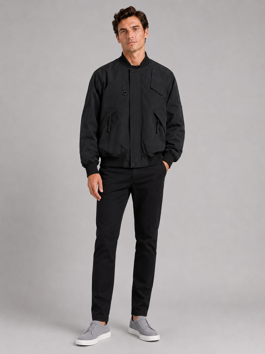Men's loose fit bomber jacket – Black full view – Edward & Lawsen