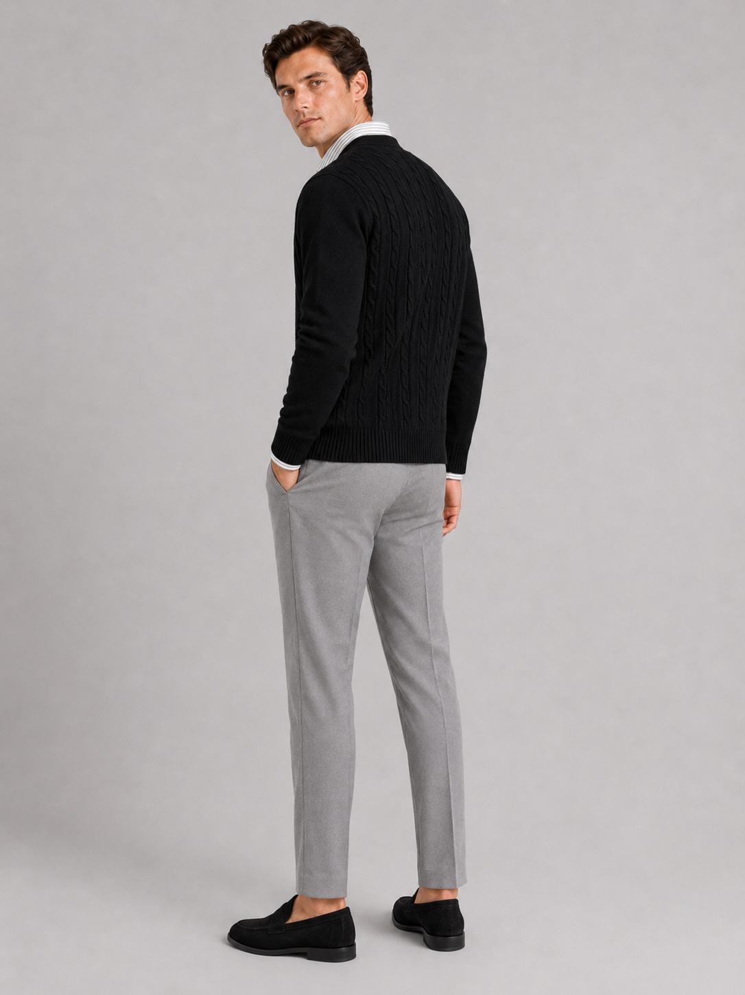Men's cable knit V-neck cardigan – Black back view – Edward & Lawsen
