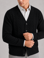 Men's cable knit V-neck cardigan – Black detail view – Edward & Lawsen