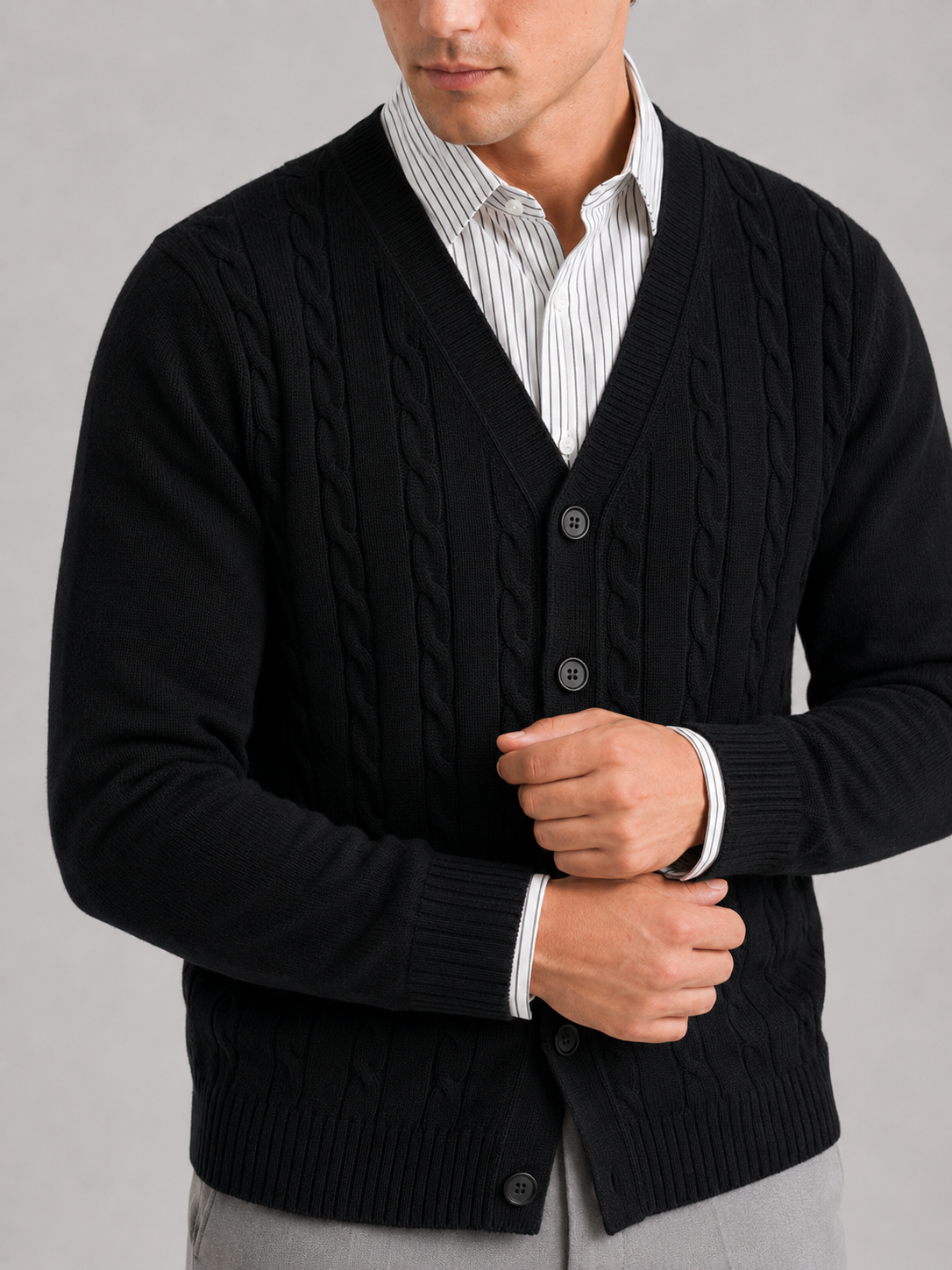 Men's cable knit V-neck cardigan – Black detail view – Edward & Lawsen