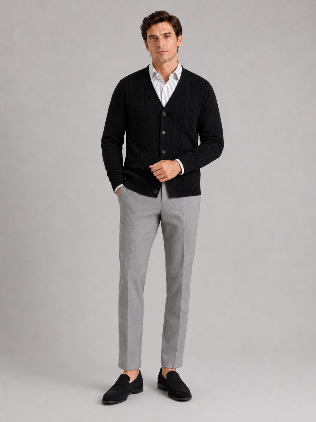 Men's cable knit V-neck cardigan – Black full view – Edward & Lawsen