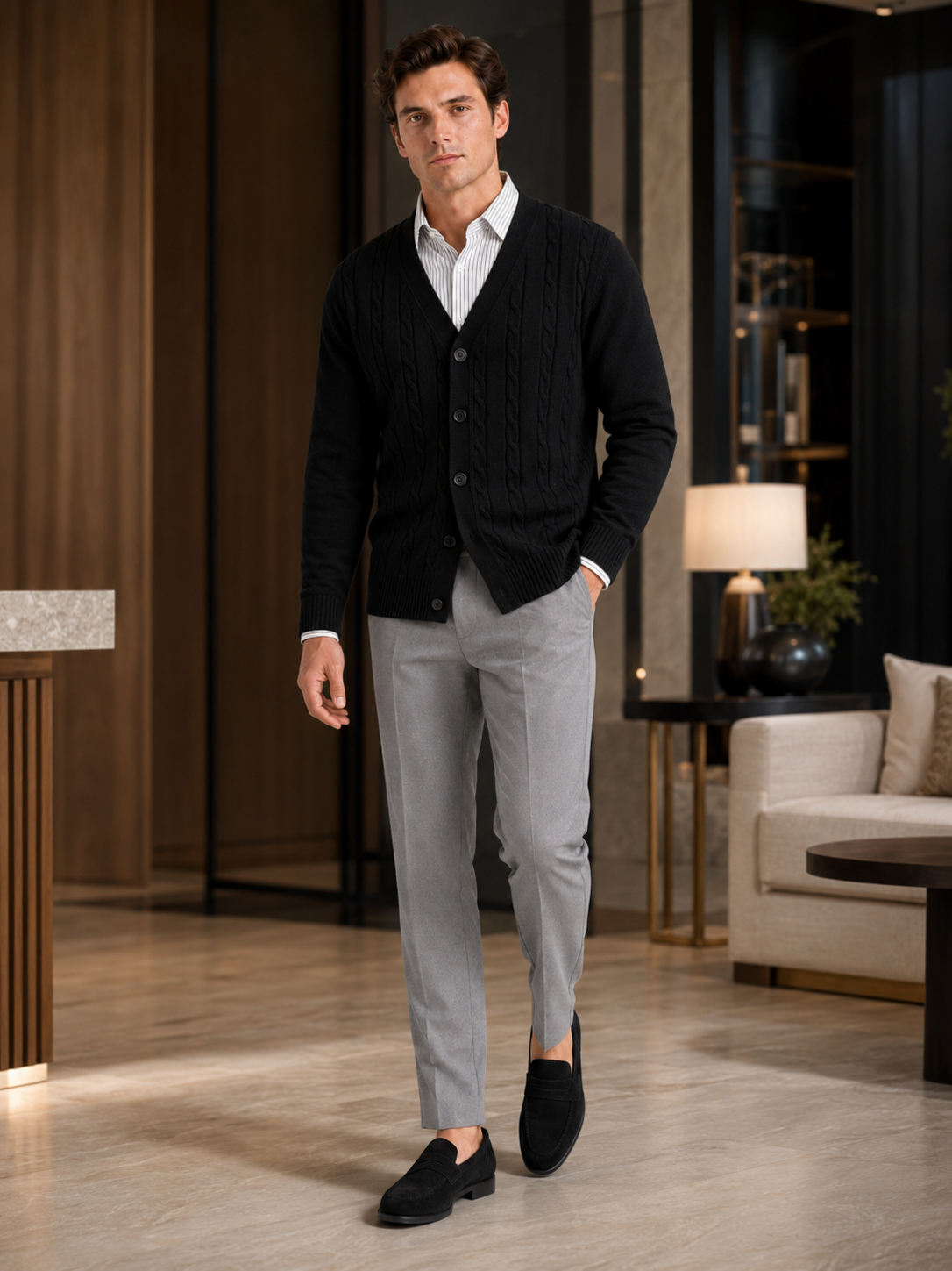 Men's cable knit V-neck cardigan – Black lifestyle view – Edward & Lawsen