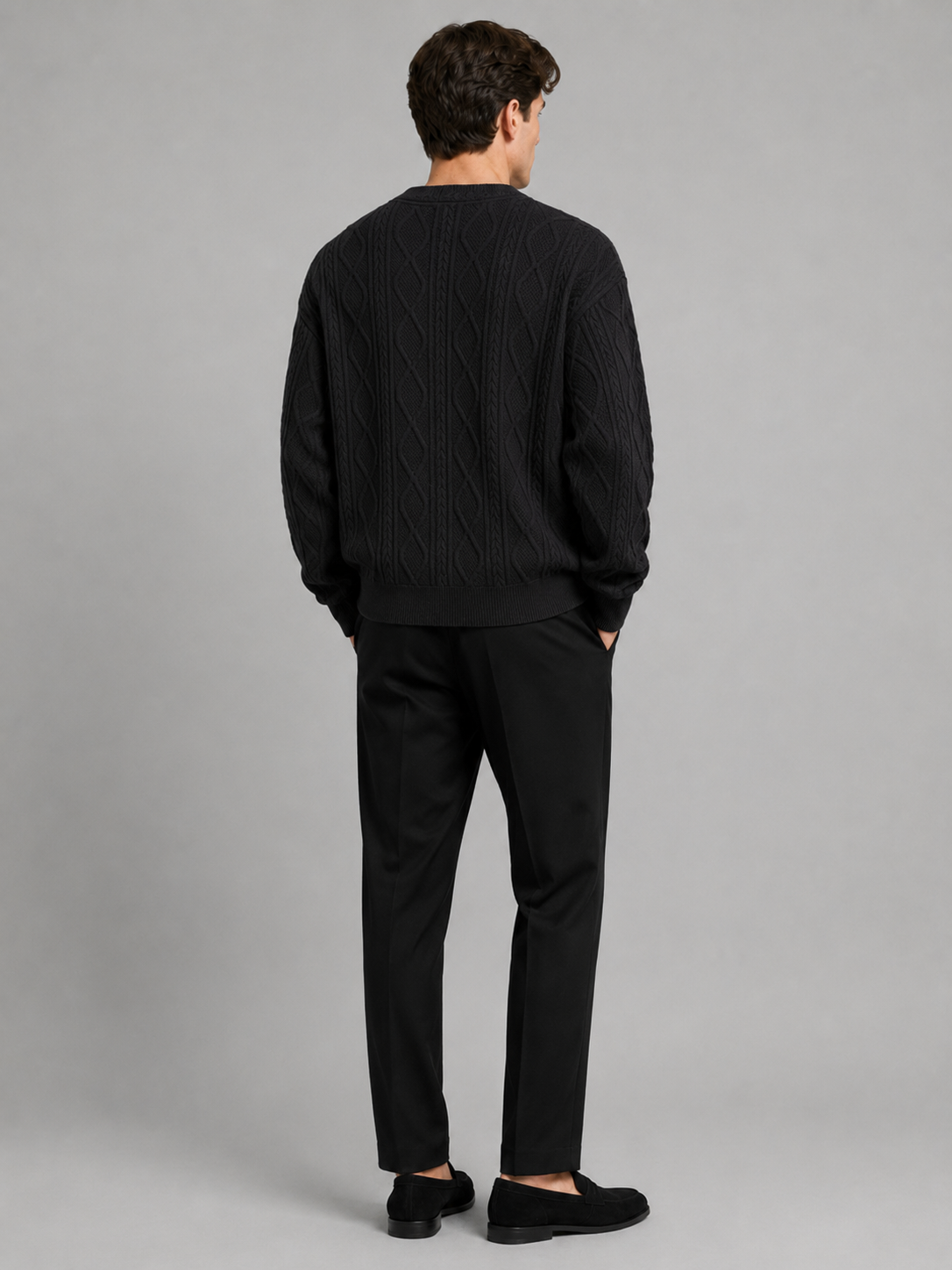 Men's diamond pattern oversized cardigan – Black back view – Edward & Lawsen