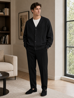 Men's diamond pattern oversized cardigan – Black lifestyle view – Edward & Lawsen