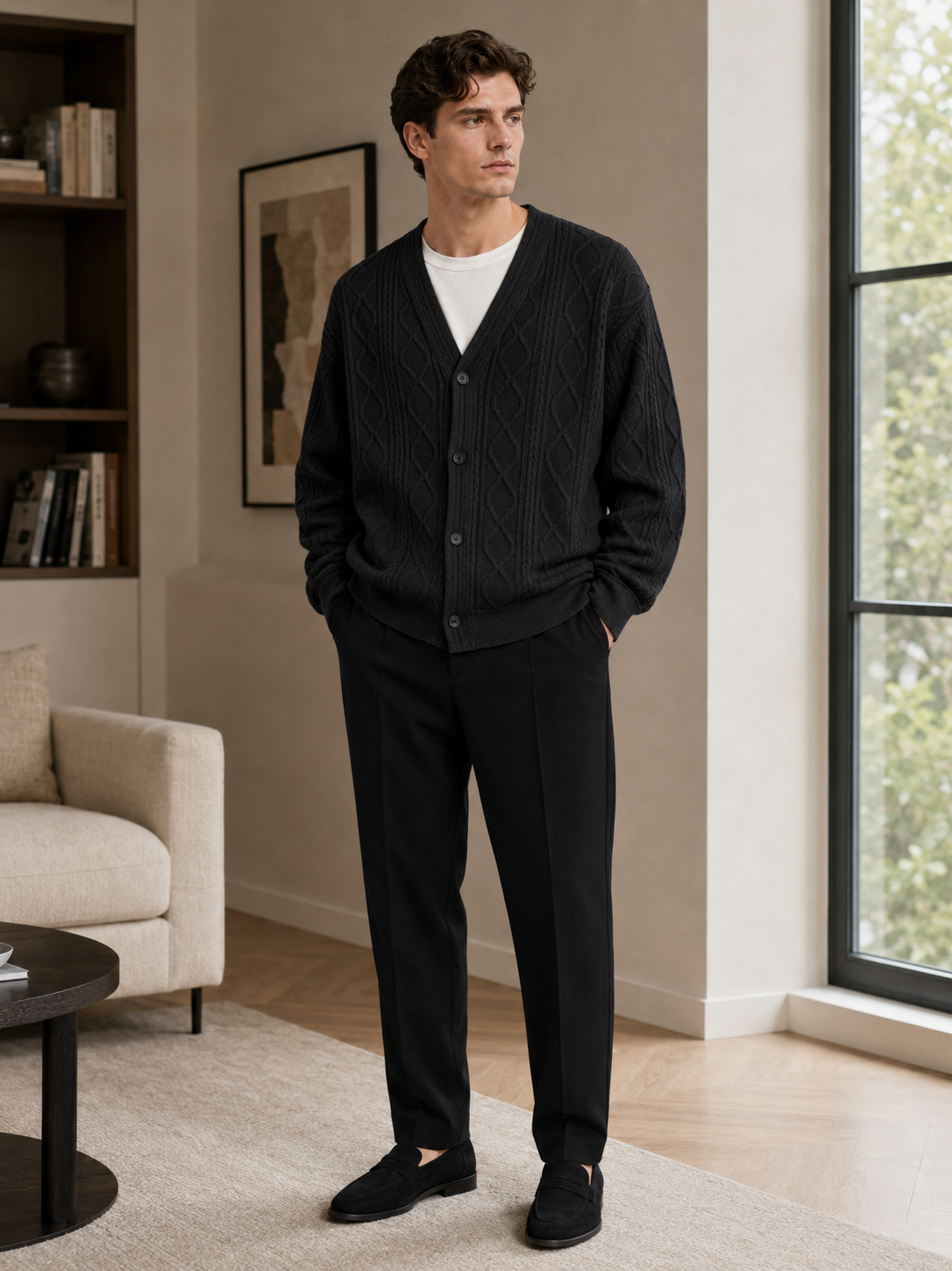 Men's diamond pattern oversized cardigan – Black lifestyle view – Edward & Lawsen