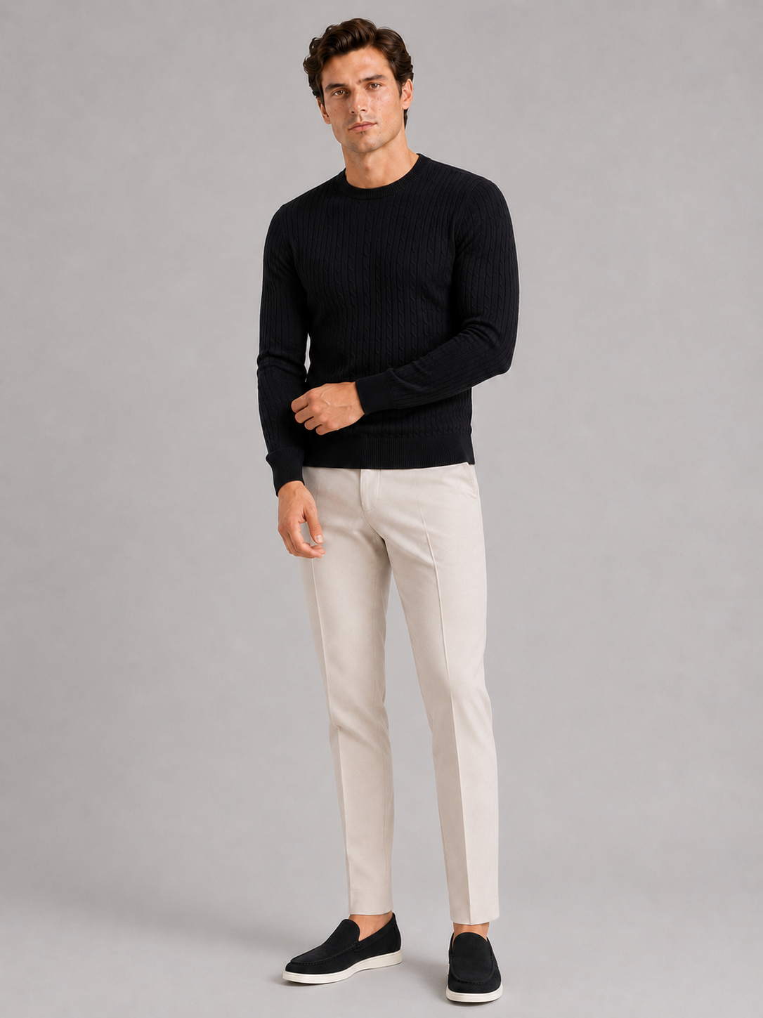 Men's cable knit crew neck sweater – Black full view – Edward & Lawsen