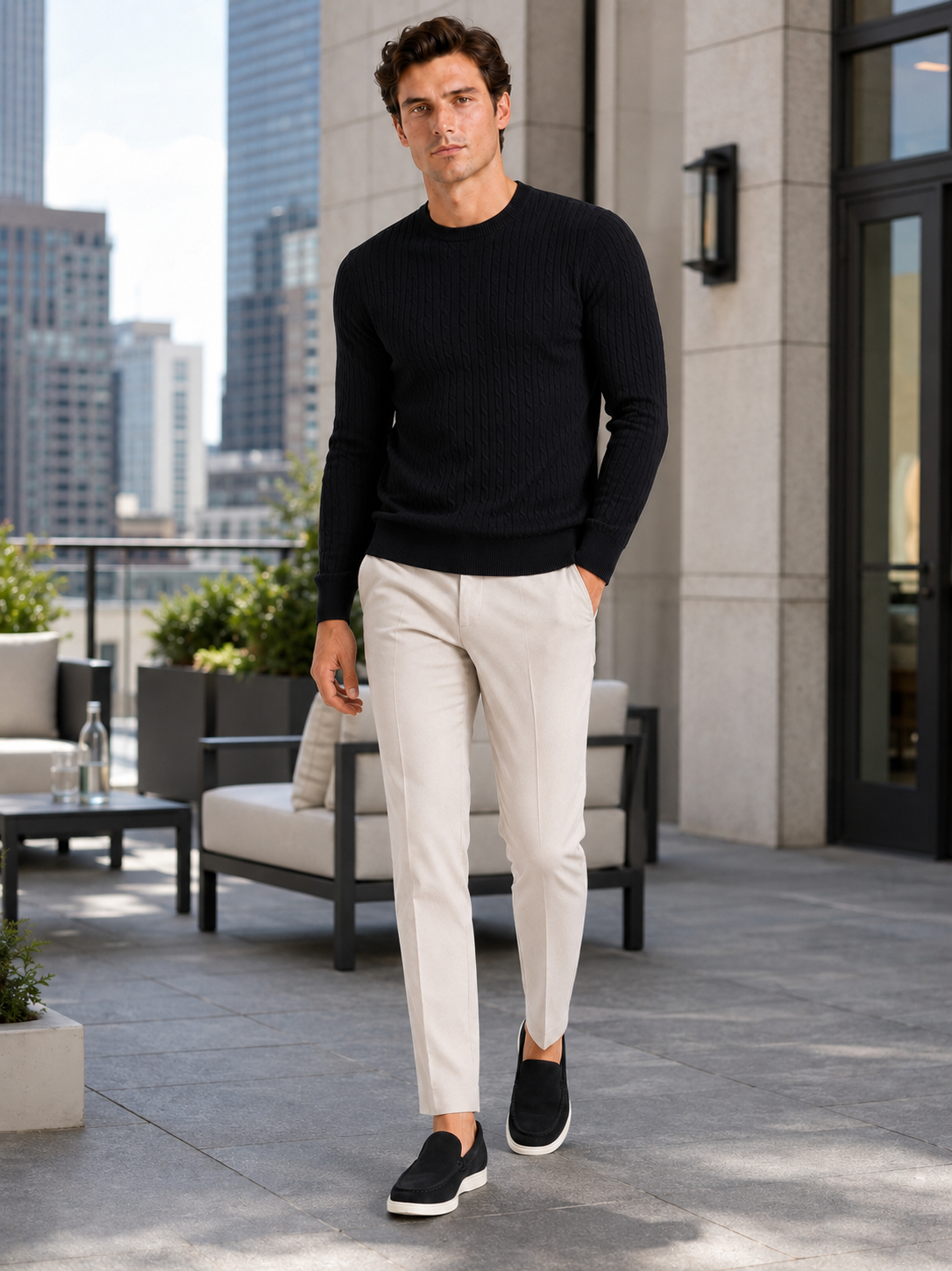 Men's cable knit crew neck sweater – Black lifestyle view – Edward & Lawsen
