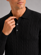 Men's cable knit V-neck polo – Black detail view – Edward & Lawsen