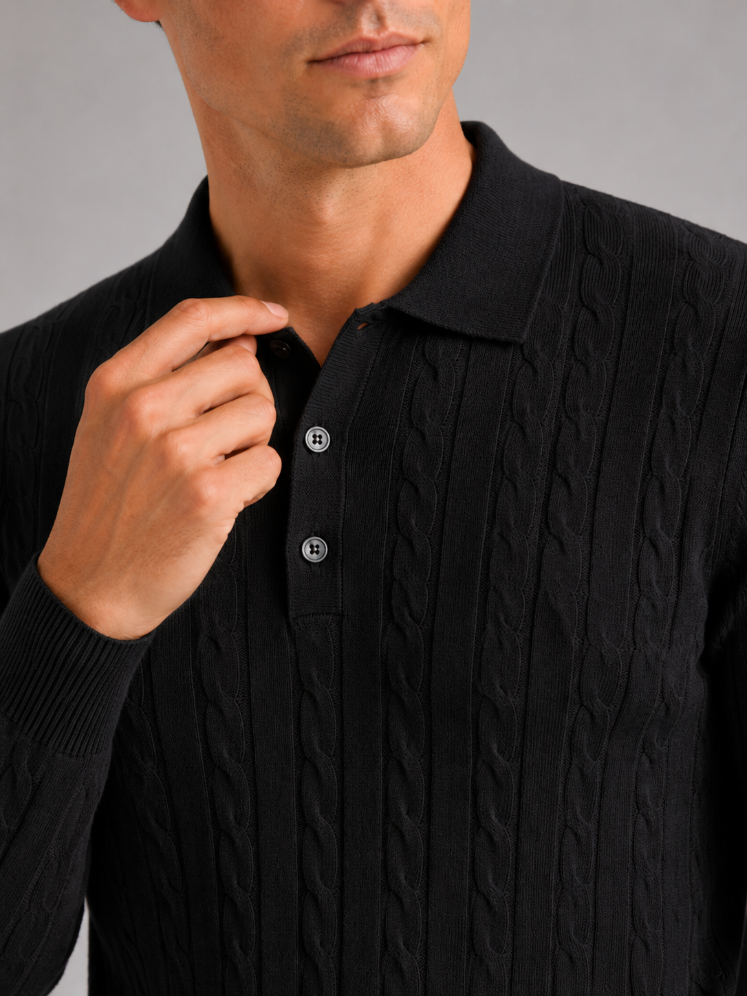Men's cable knit V-neck polo – Black detail view – Edward & Lawsen