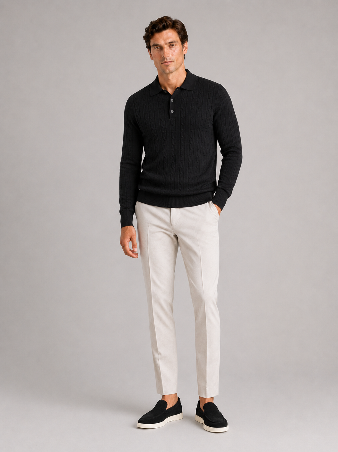 Men's cable knit V-neck polo – Black full view – Edward & Lawsen