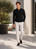 Men's cable knit V-neck polo – Black lifestyle view – Edward & Lawsen