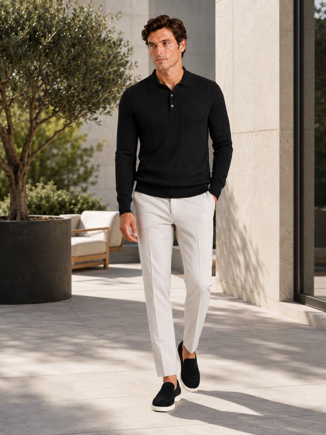 Men's cable knit V-neck polo – Black lifestyle view – Edward & Lawsen