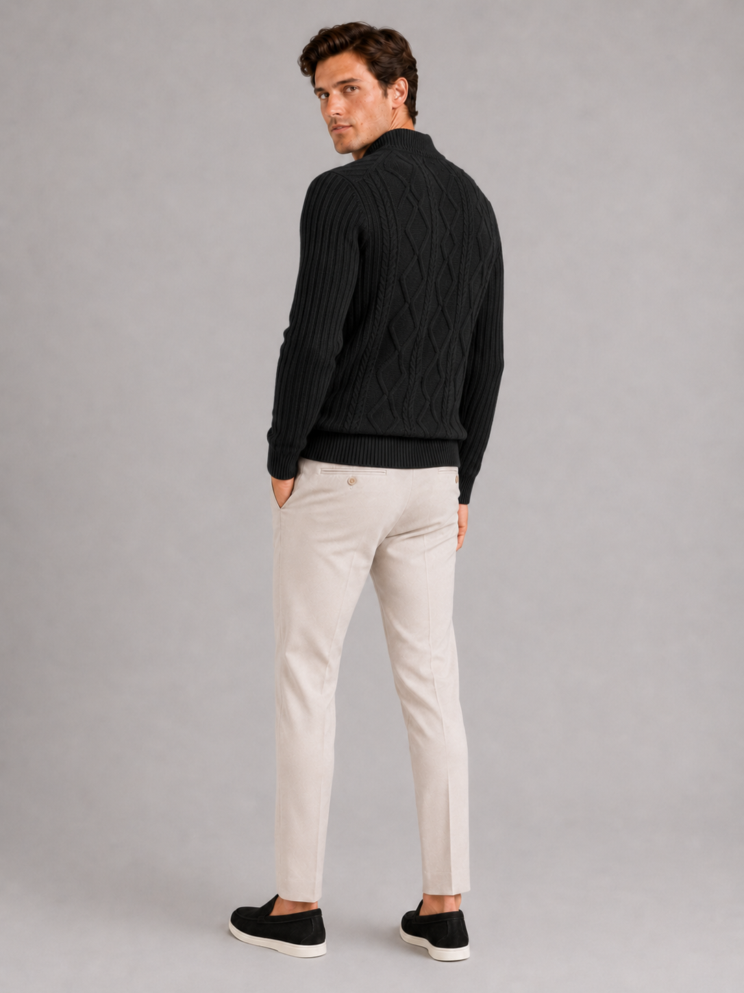 Men's jacquard cable knit mock neck sweater – Black back view – Edward & Lawsen