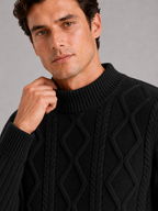 Men's jacquard cable knit mock neck sweater – Black detail view – Edward & Lawsen
