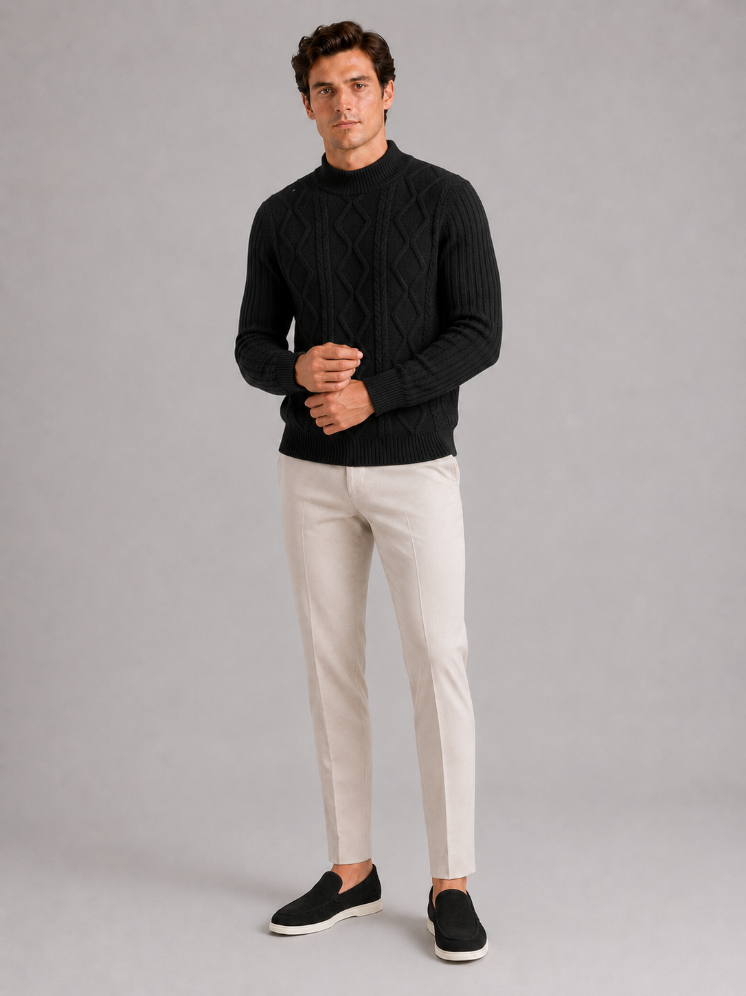 Men's jacquard cable knit mock neck sweater – Black full view – Edward & Lawsen
