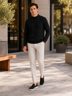Men's jacquard cable knit mock neck sweater – Black lifestyle view – Edward & Lawsen