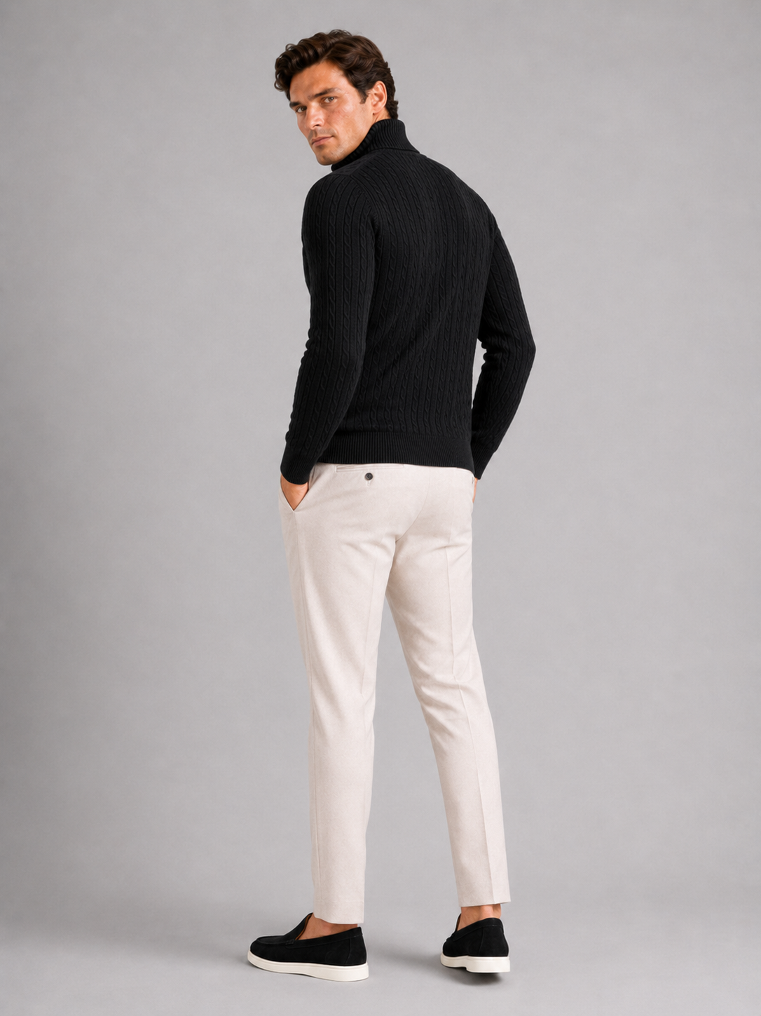 Men's cable knit turtleneck sweater – Black back view – Edward & Lawsen