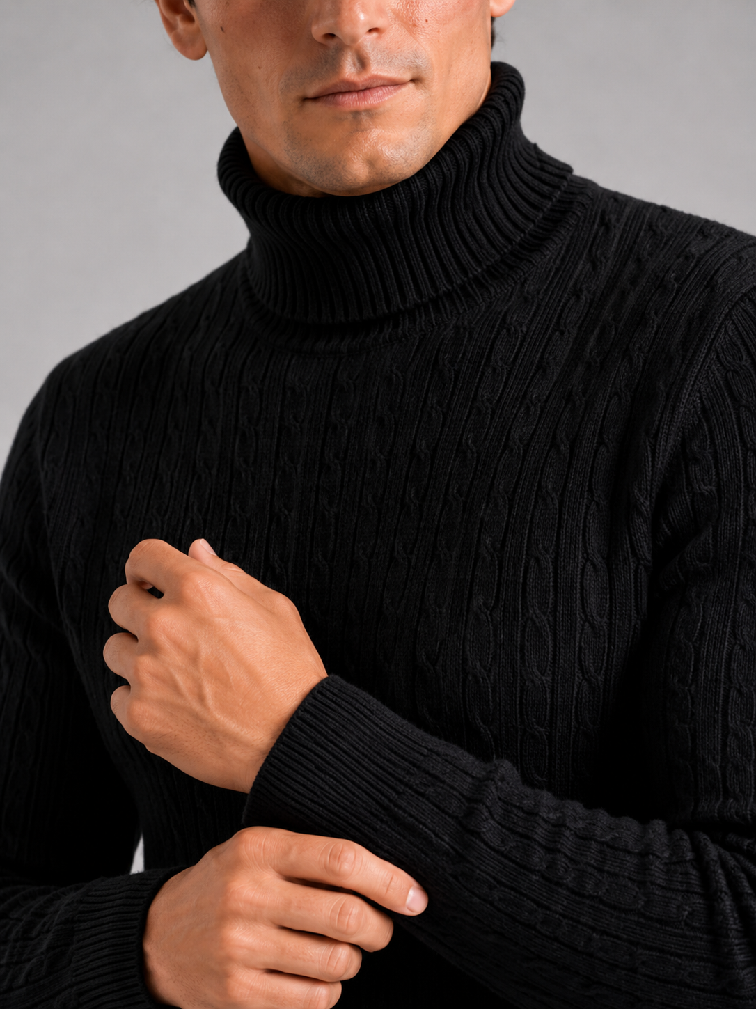 Men's cable knit turtleneck sweater – Black detail view – Edward & Lawsen