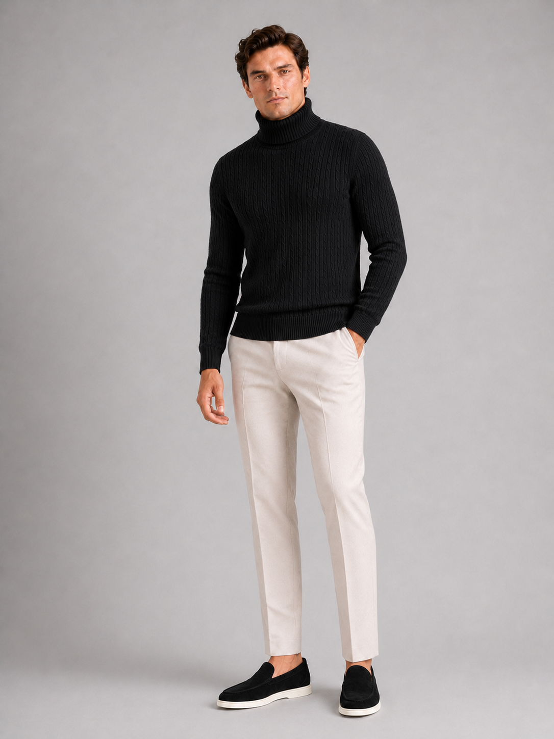Men's cable knit turtleneck sweater – Black full view – Edward & Lawsen