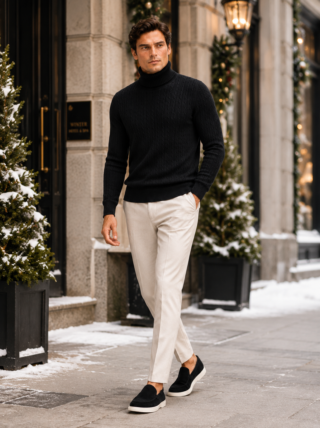 Men's cable knit turtleneck sweater – Black lifestyle view – Edward & Lawsen