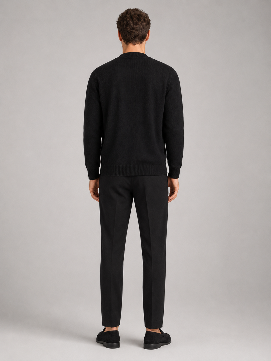 Men's crew neck cardigan sweater – Black back view – Edward & Lawsen