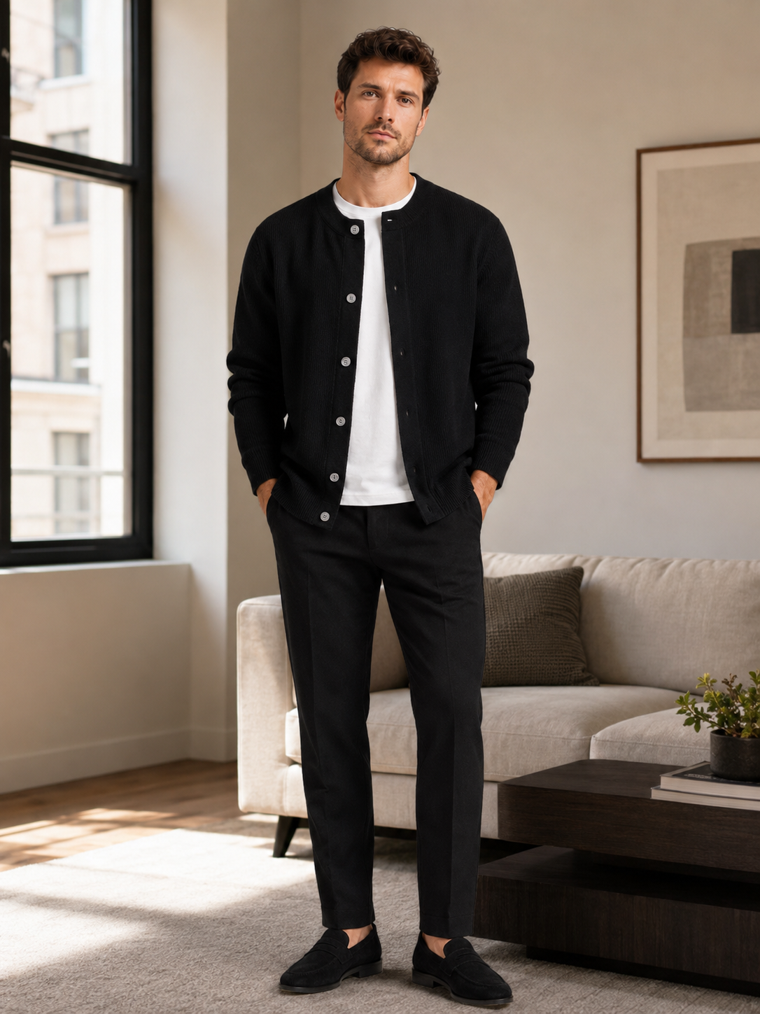 Men's crew neck cardigan sweater – Black lifestyle view – Edward & Lawsen