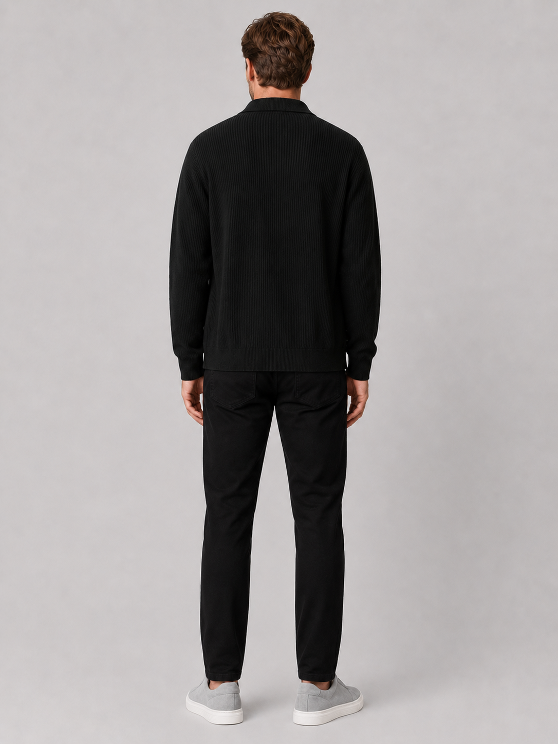 Men's open front cardigan – Black back view – Edward & Lawsen