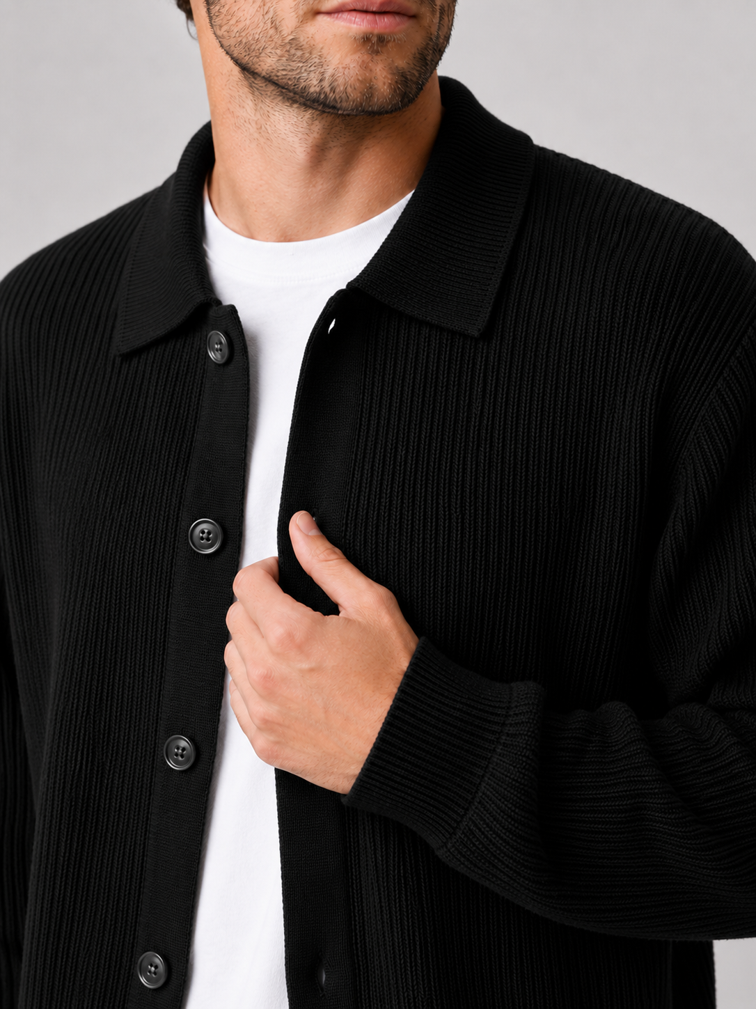 Men's open front cardigan – Black detail view – Edward & Lawsen