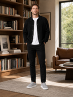 Men's open front cardigan – Black lifestyle view – Edward & Lawsen