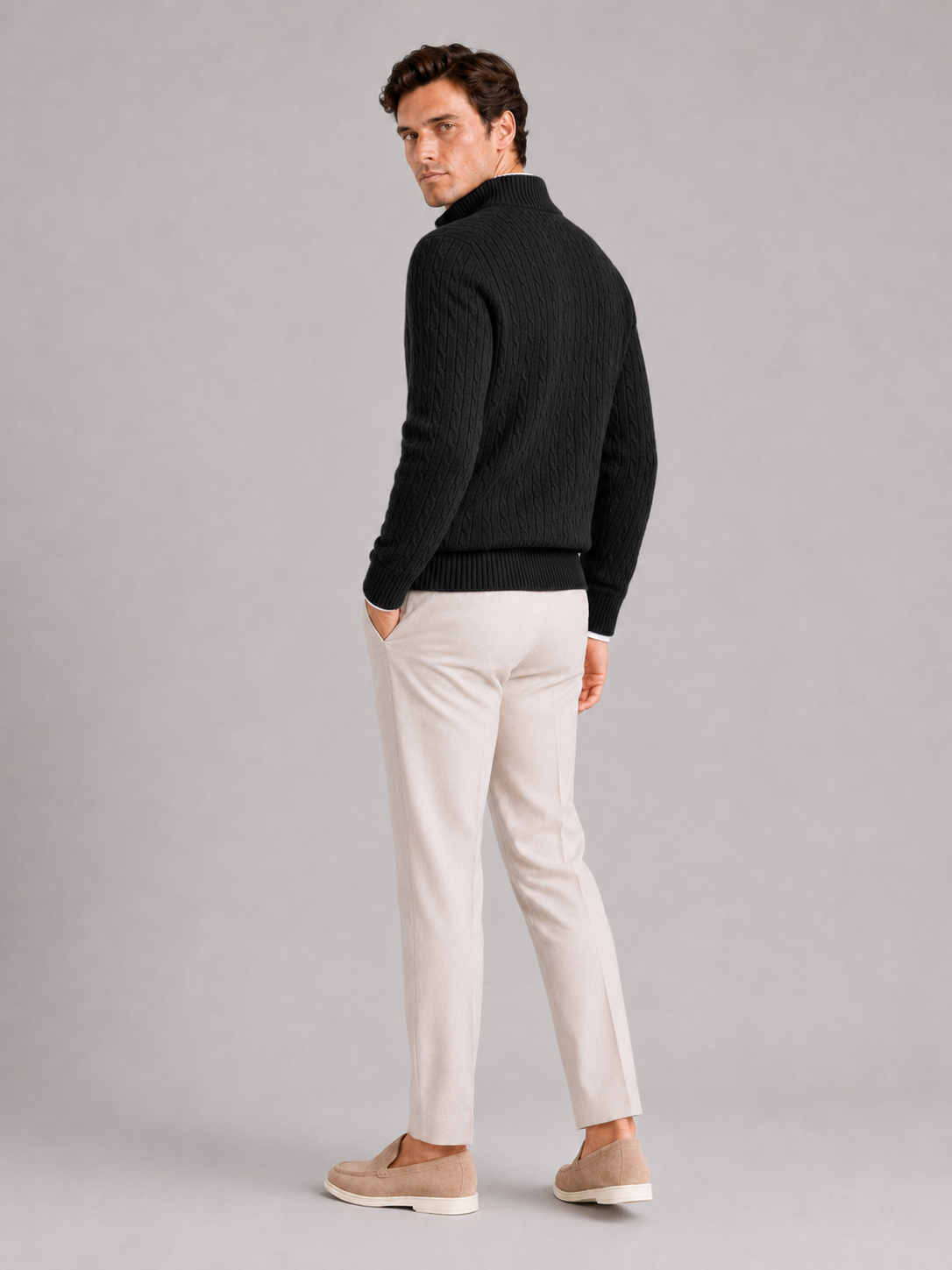 Men's cashmere quarter-zip mock neck sweater – Black back view – Edward & Lawsen