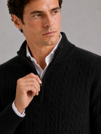 Men's cashmere quarter-zip mock neck sweater – Black detail view – Edward & Lawsen