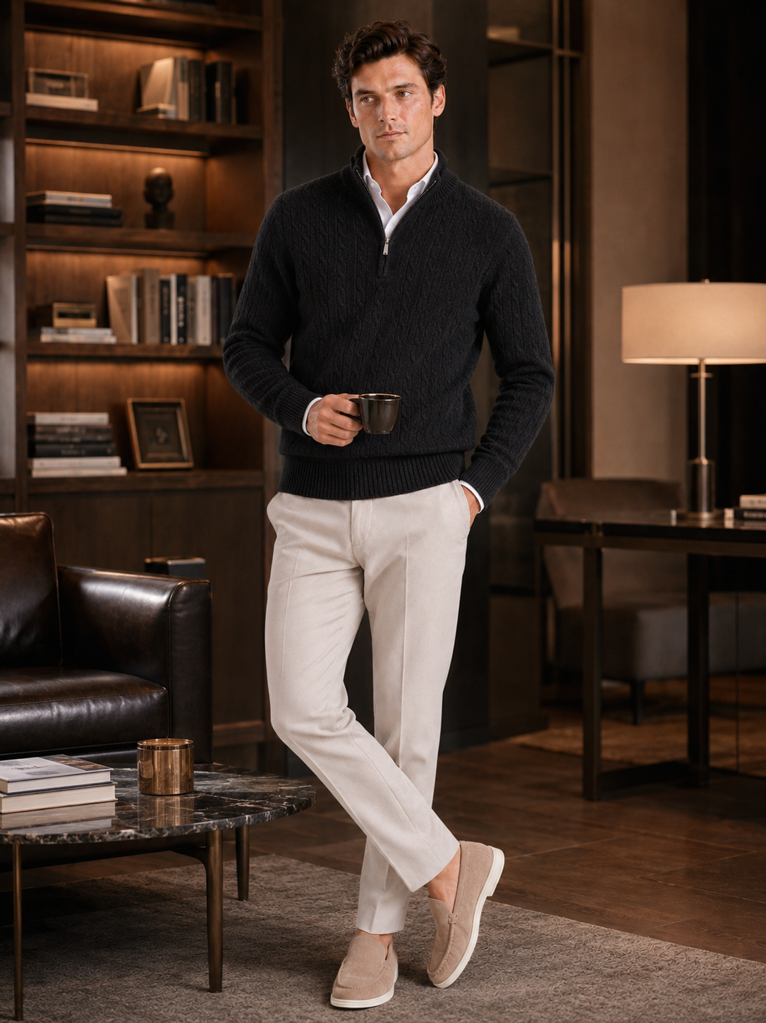 Men's cashmere quarter-zip mock neck sweater – Black lifestyle view – Edward & Lawsen