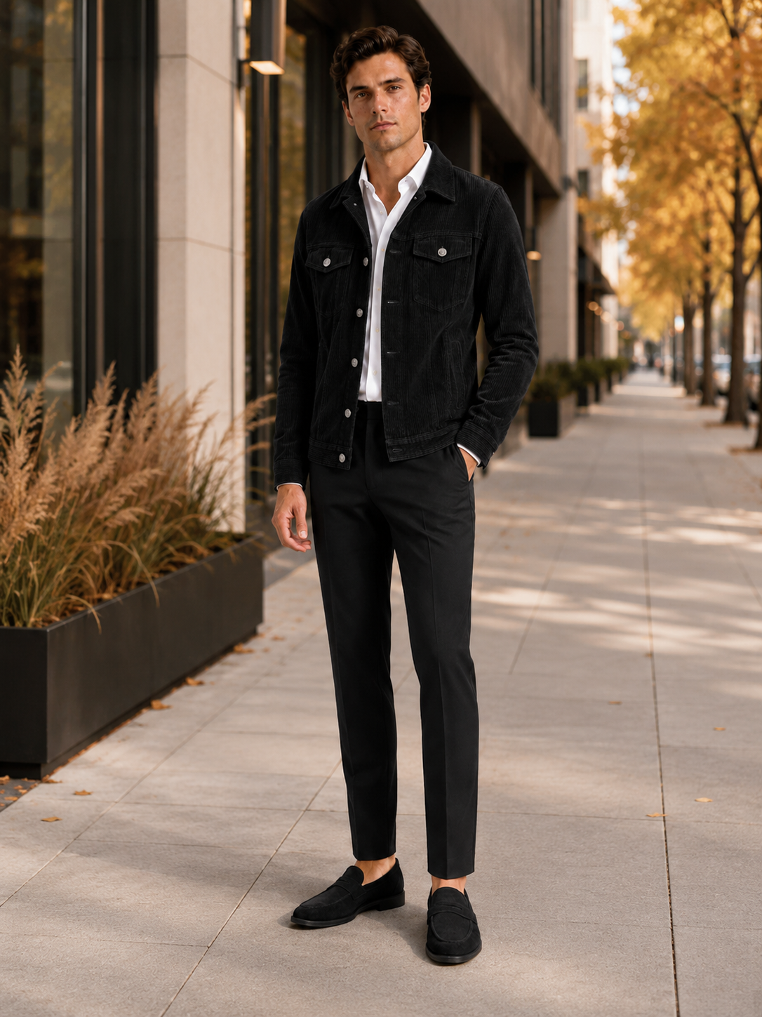 Men's corduroy jacket – Black lifestyle view – Edward & Lawsen