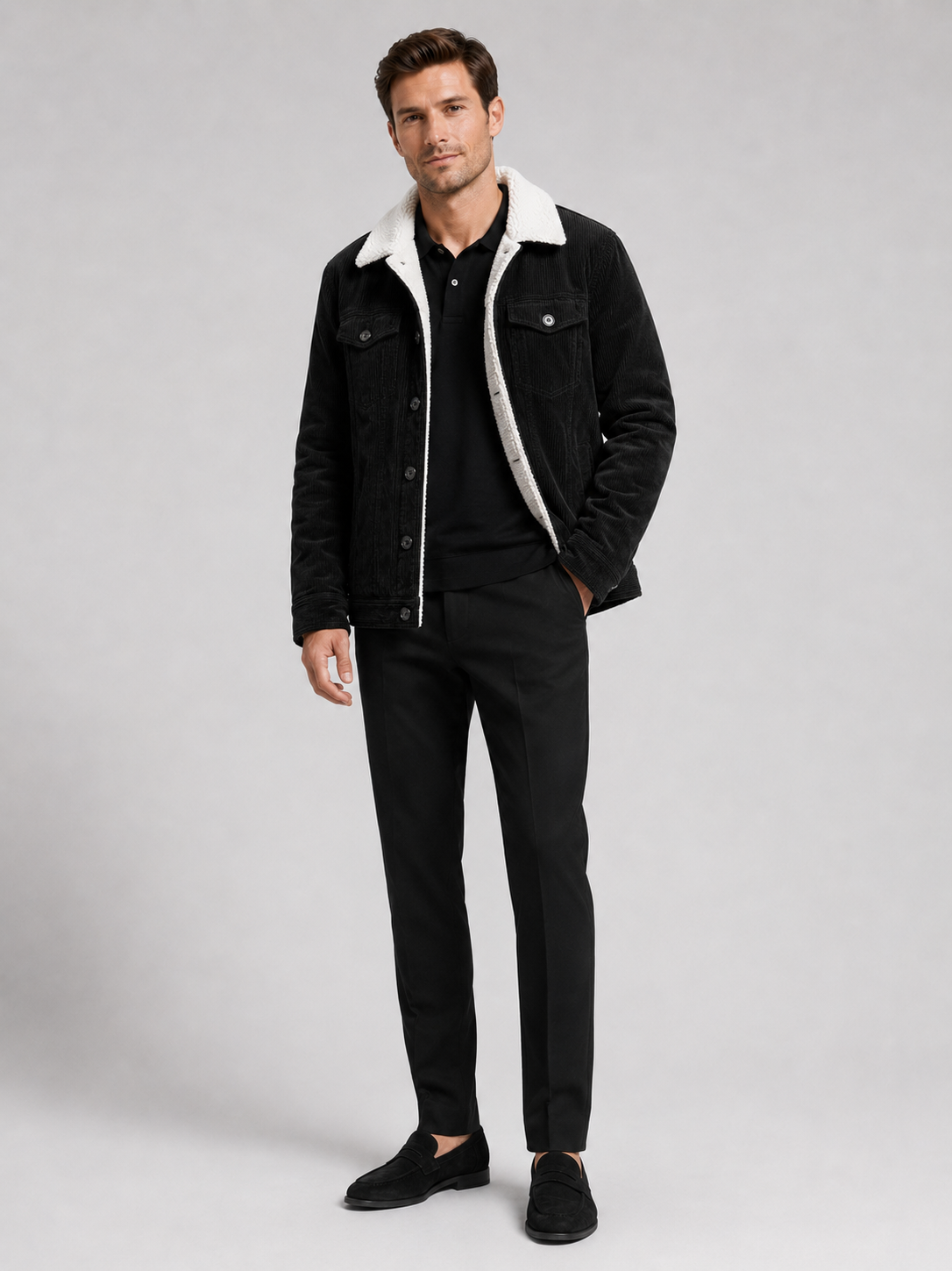 Men's padded corduroy jacket – Black full view – Edward & Lawsen