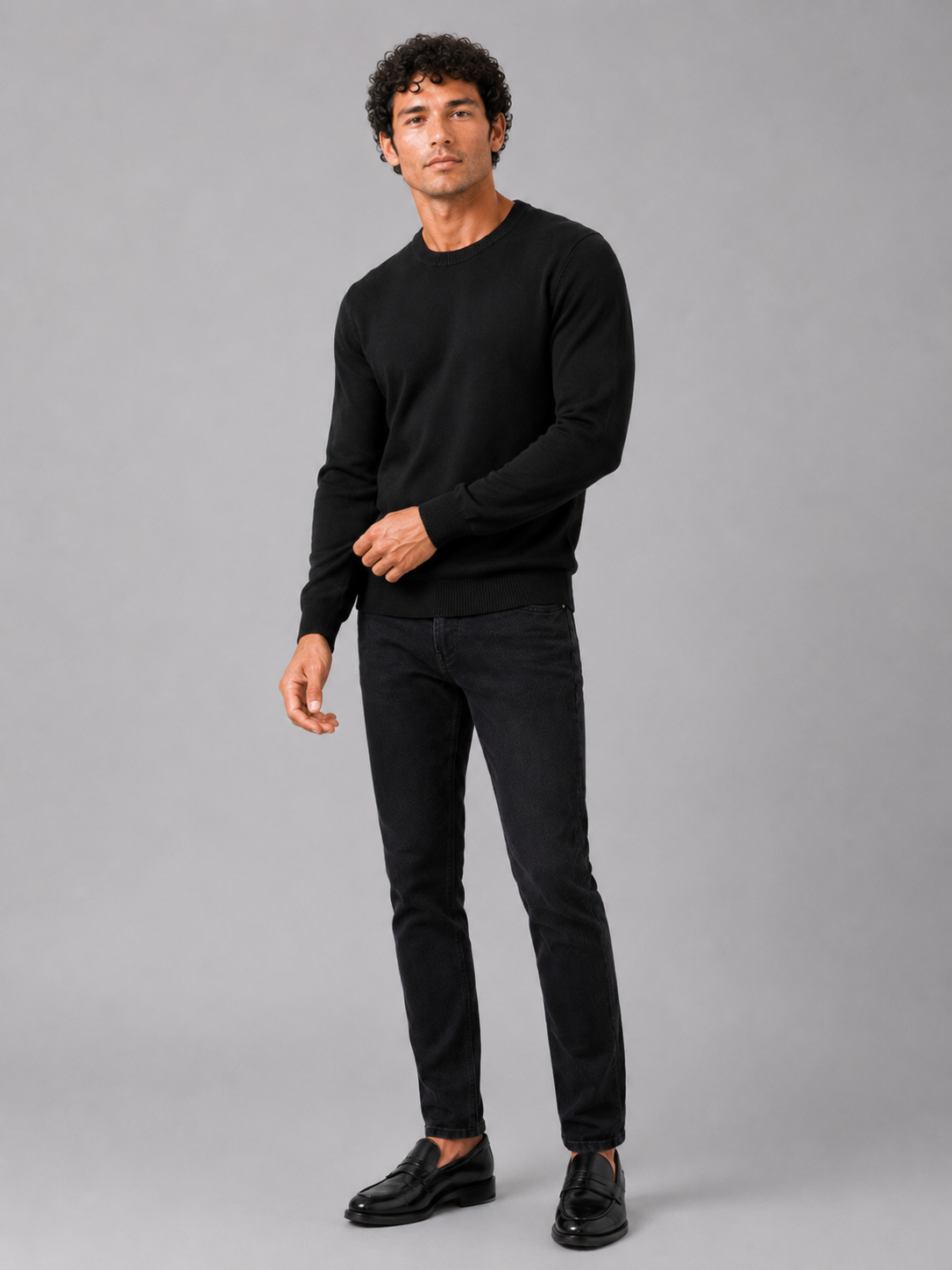 Men's crew neck knit sweater – Black full view – Edward & Lawsen