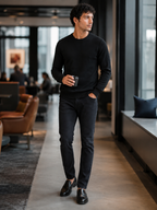 Men's crew neck knit sweater – Black lifestyle view – Edward & Lawsen