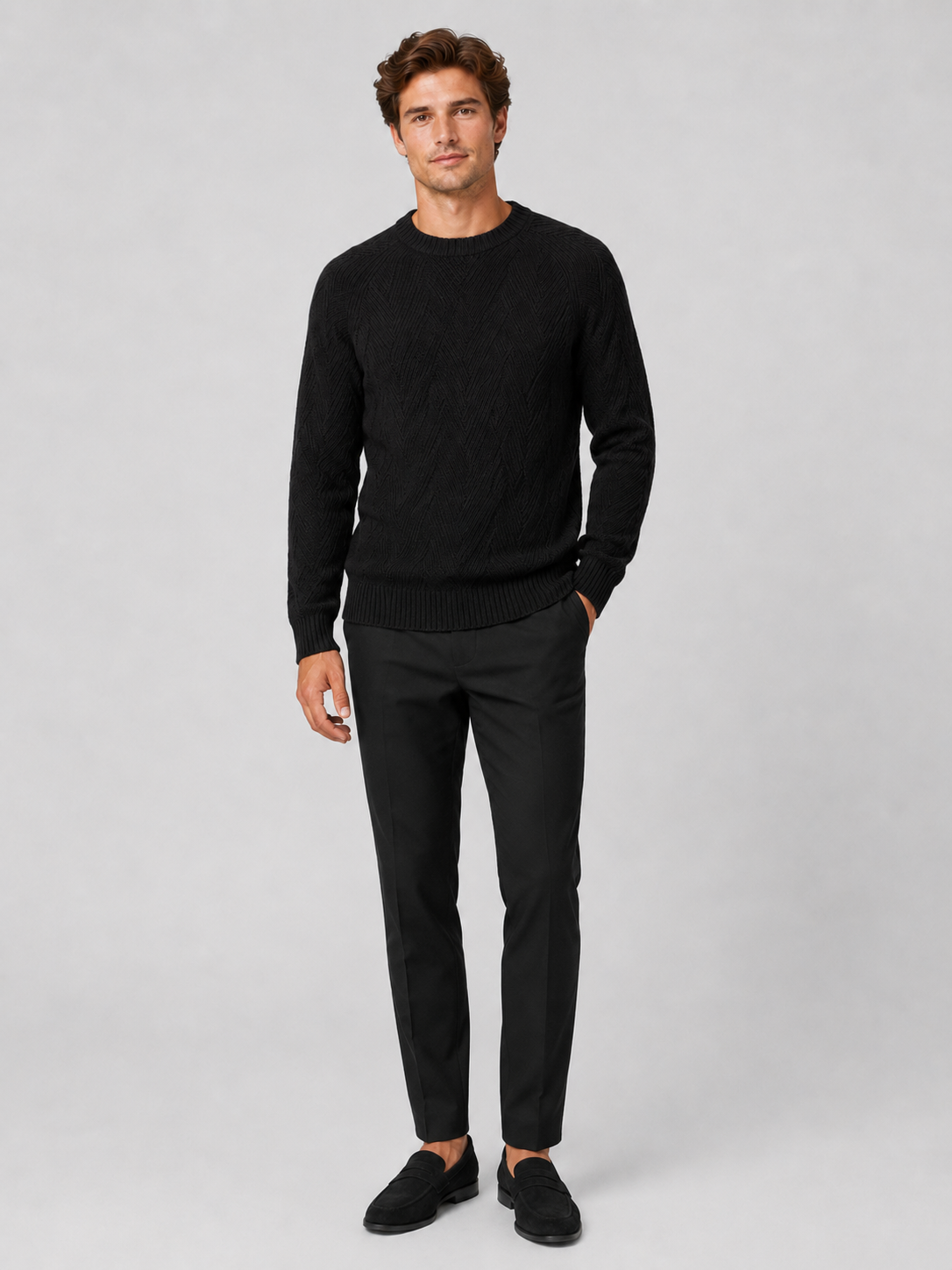 Men's crewneck sweater – Black full view – Edward & Lawsen