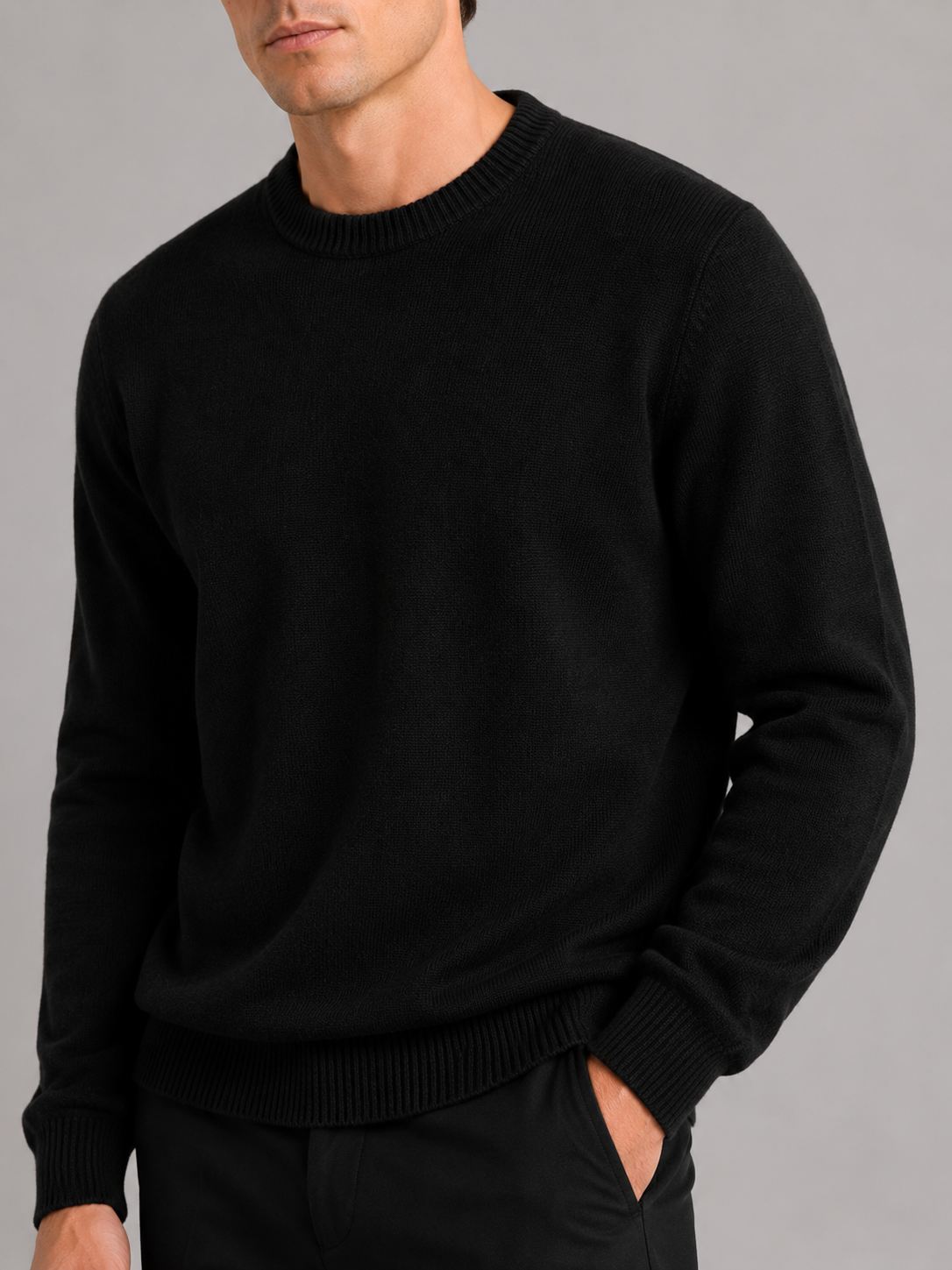 Men's wool crewneck sweater – Black detail view – Edward & Lawsen