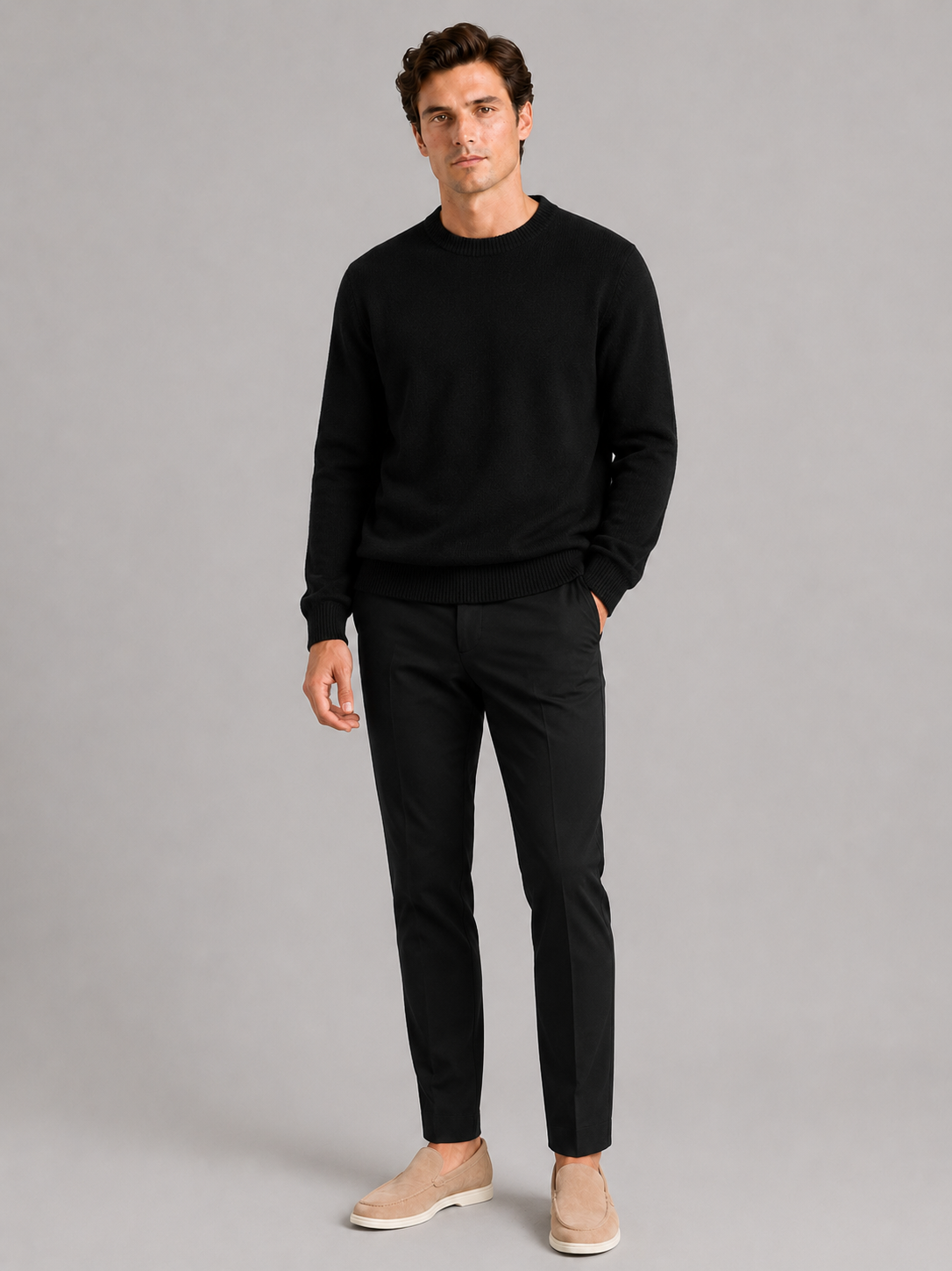Men's wool crewneck sweater – Black full view – Edward & Lawsen