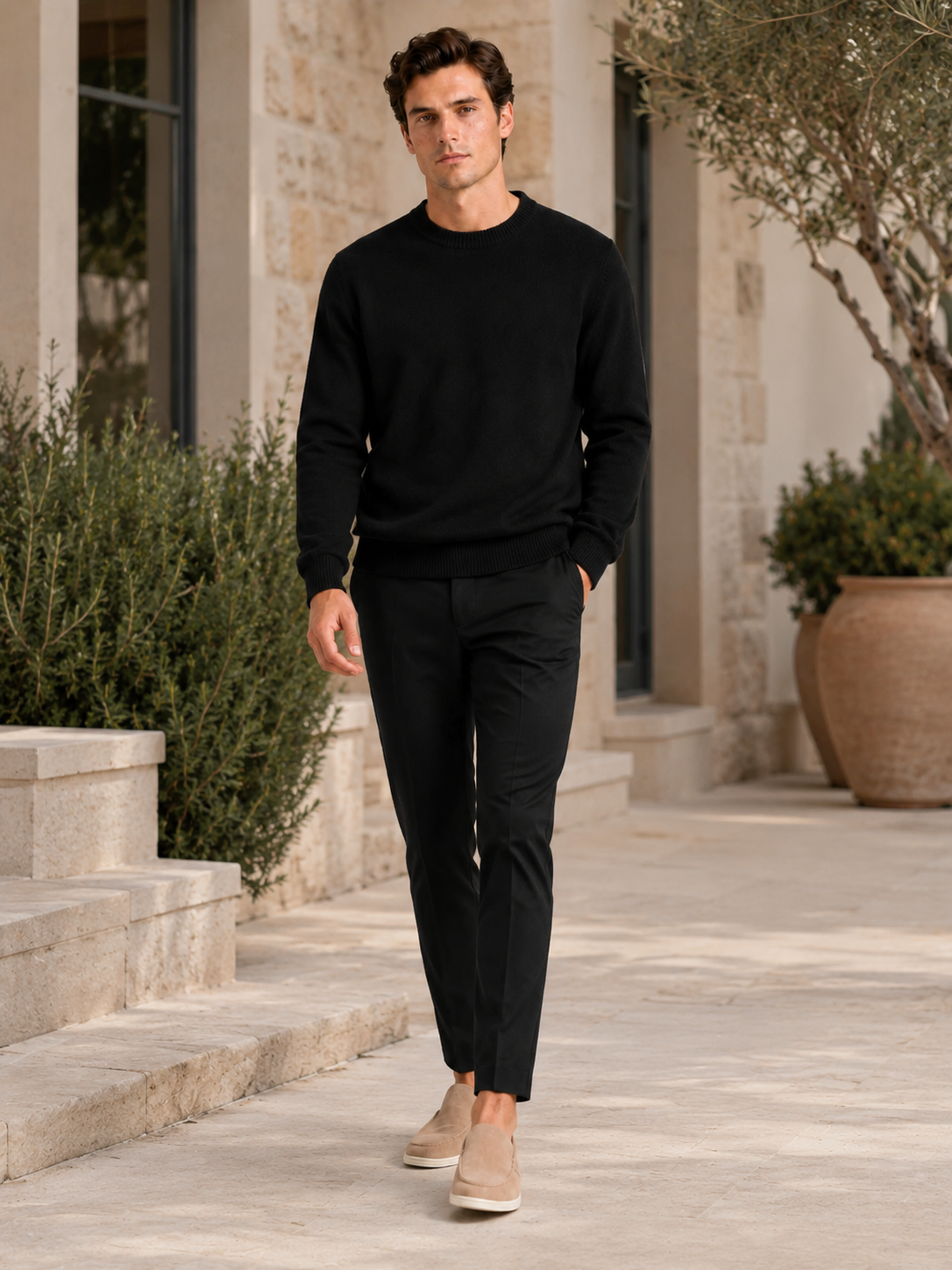 Men's wool crewneck sweater – Black lifestyle view – Edward & Lawsen