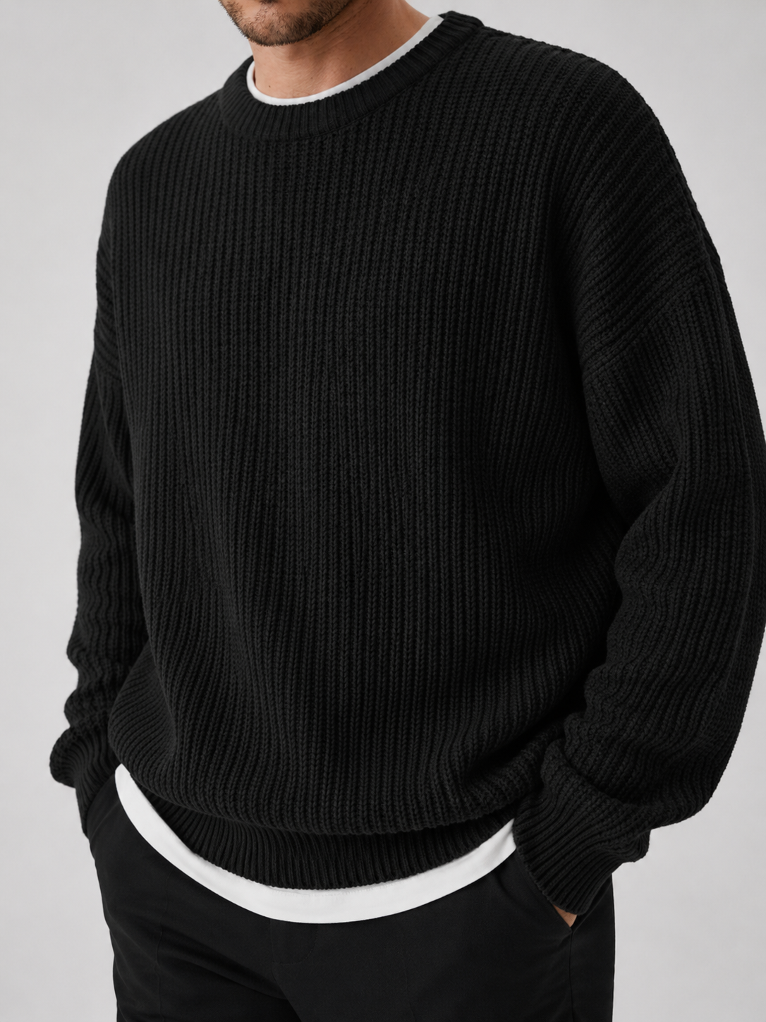 Men's crew neck sweater – Black detail view – Edward & Lawsen