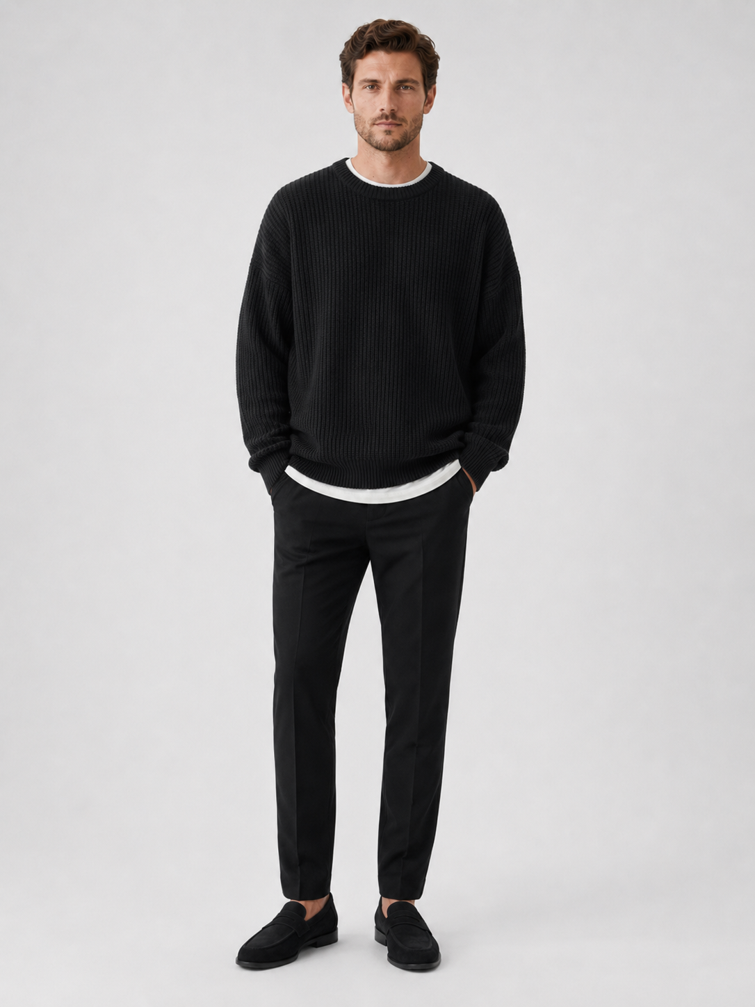 Men's crew neck sweater – Black full view – Edward & Lawsen