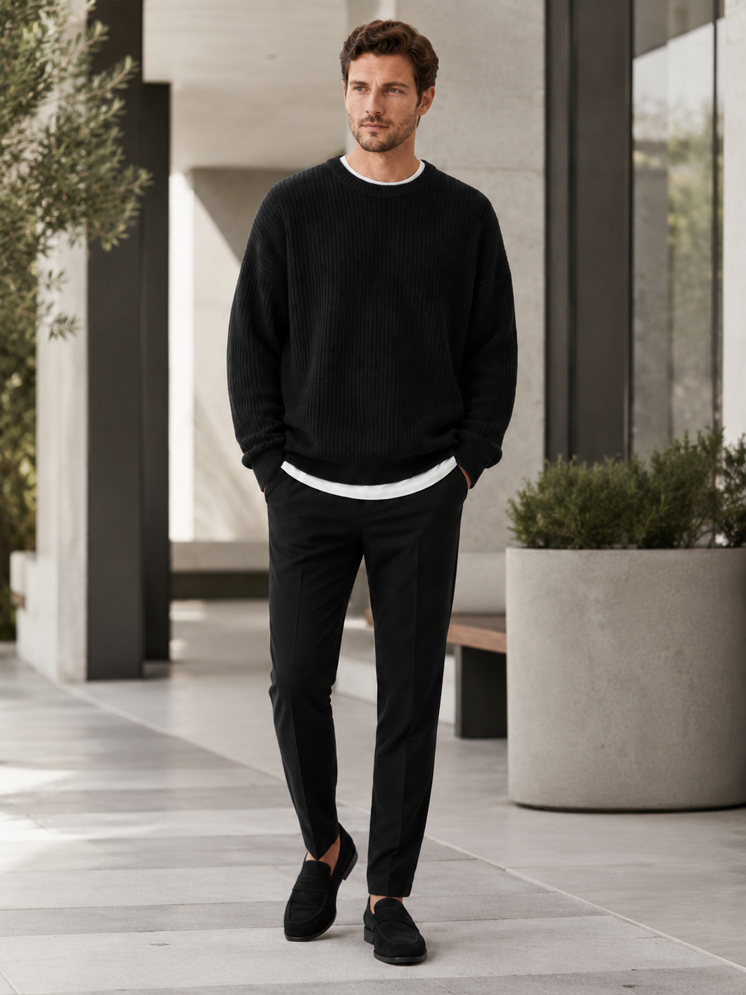 Men's crew neck sweater – Black lifestyle view – Edward & Lawsen