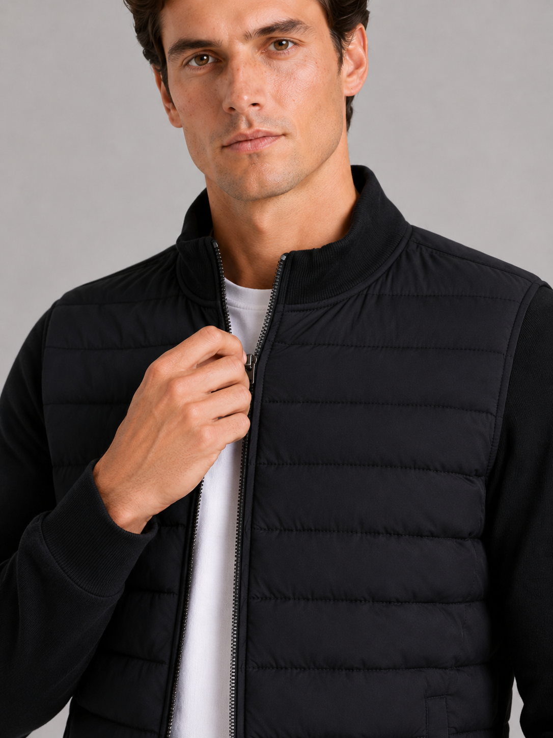 Men's down fall jacket – Black detail view – Edward & Lawsen