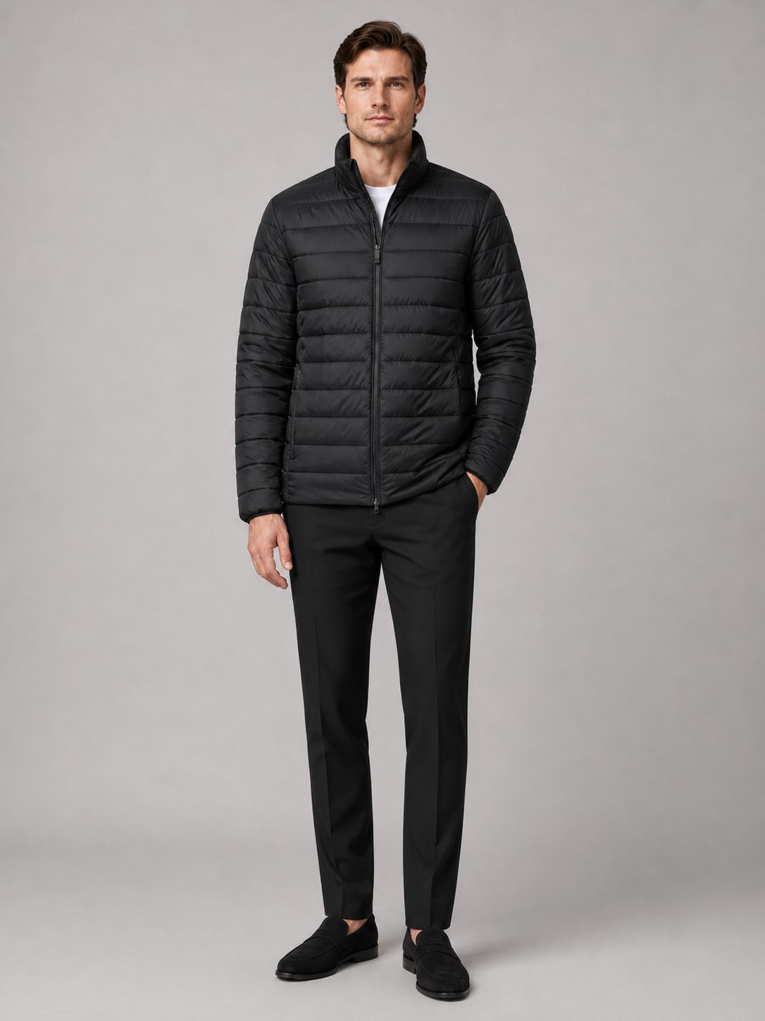 Men's puffer jacket – Black full view – Edward & Lawsen