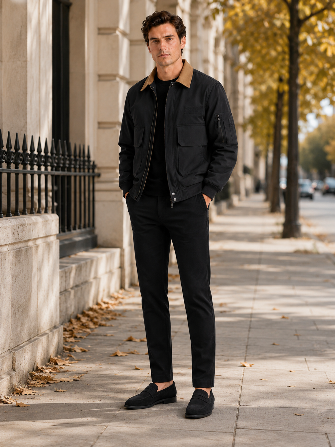Men's pilot jacket – Black lifestyle view – Edward & Lawsen