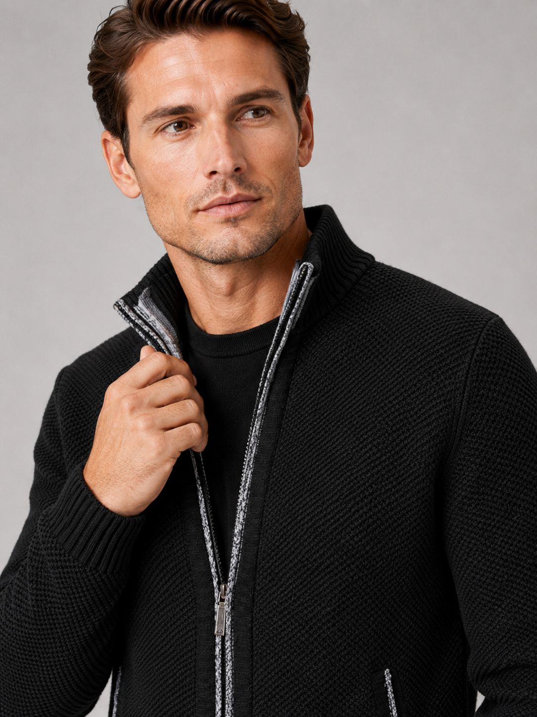 Men's fleece cardigan – Black detail view – Edward & Lawsen