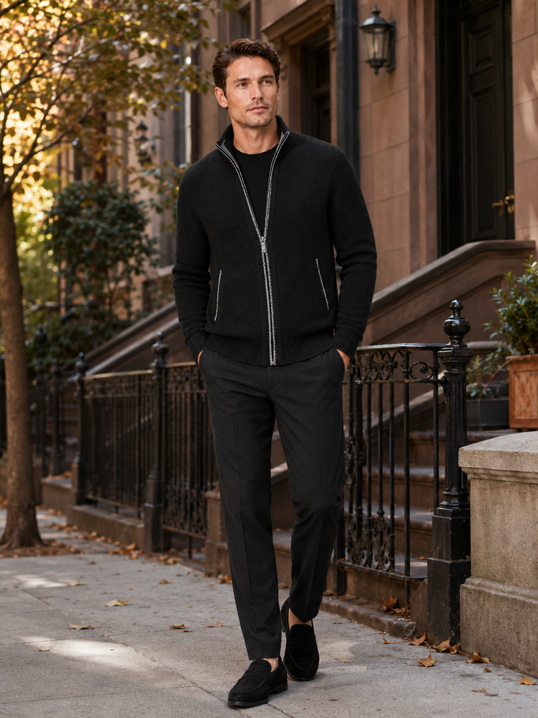 Men's fleece cardigan – Black full view – Edward & Lawsen